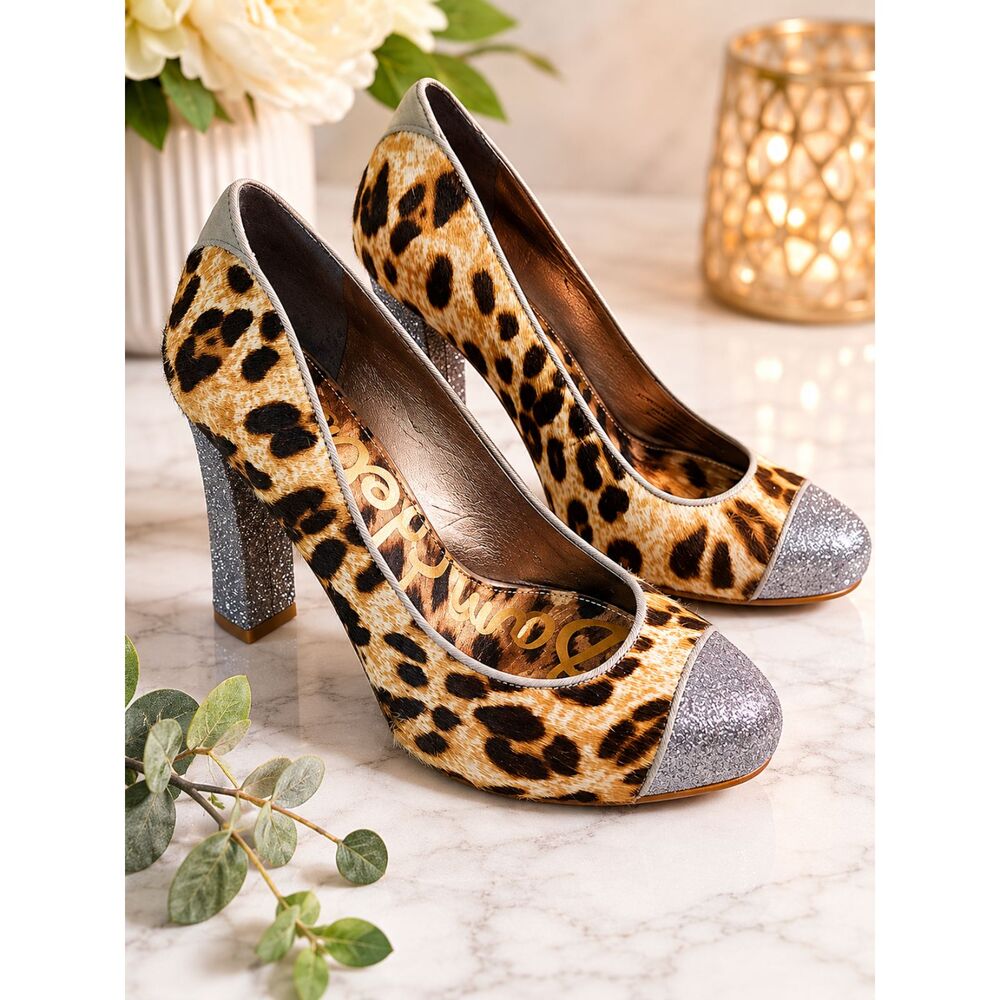 Sam Edelman Leopard Calf Hair Heels 9.5M Glitter Cap Toe Pumps Real Fur Party